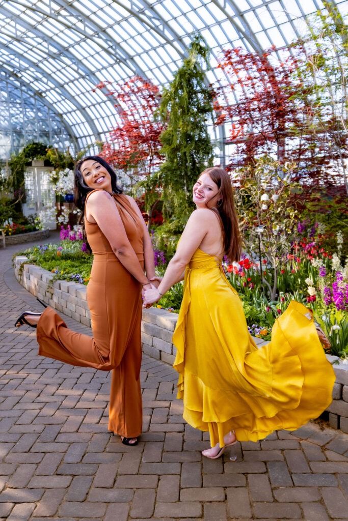 A lovely queer couple on their engagement shoot at Garfield Park Conservatory